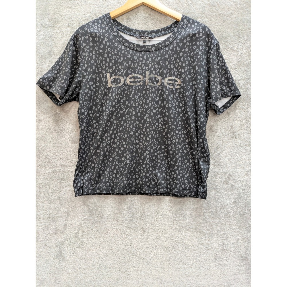 Y2K Leopard Print T-Shirt Women Medium Bebe Sport Silver Metallic Logo Gray